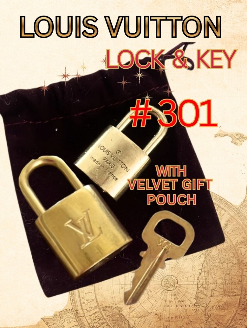 Louis Vuitton #301 Polished Gold Lock and Key Set with Velvet Pouch